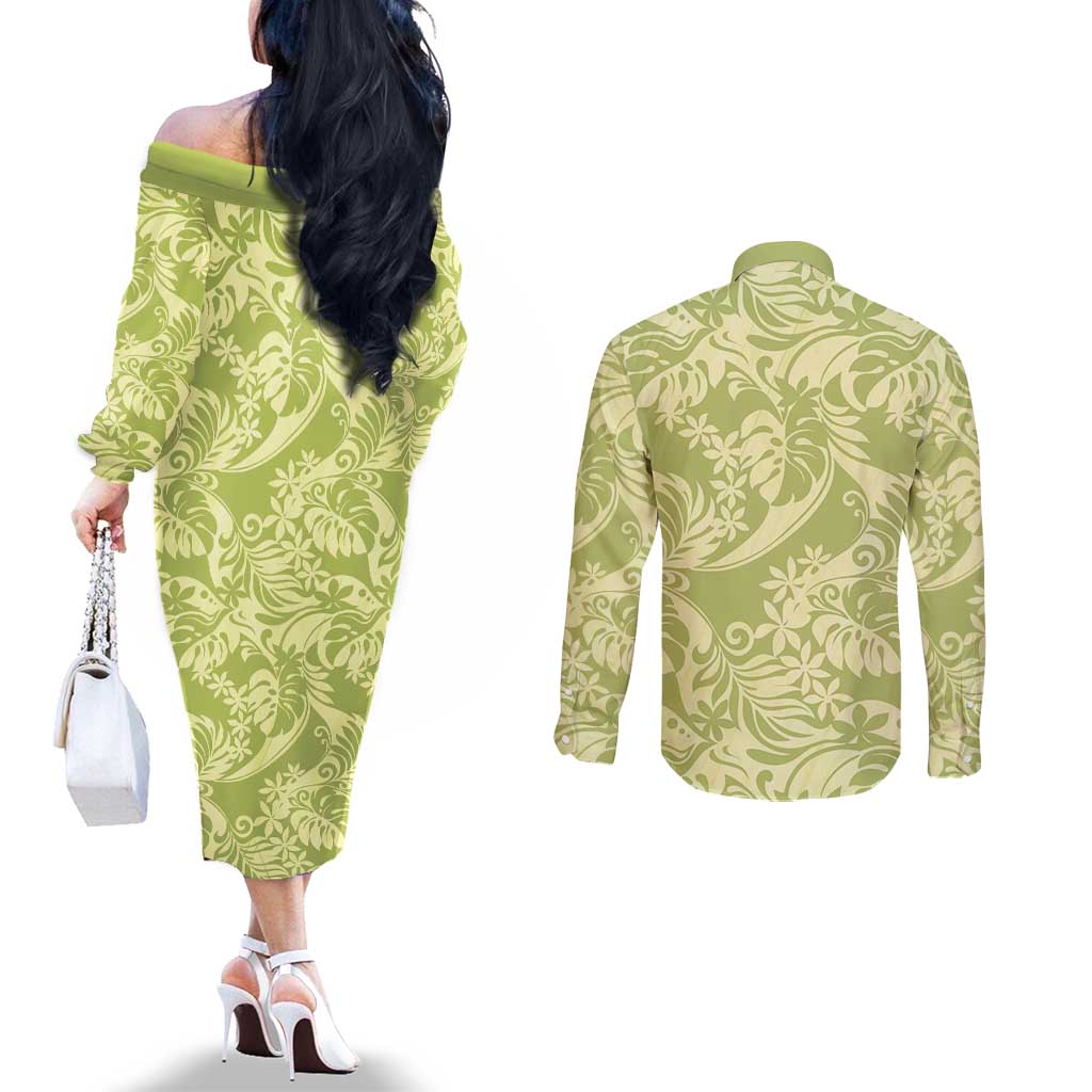 Tahiti Olive Tiare Floral Couples Matching Off The Shoulder Long Sleeve Dress and Long Sleeve Button Shirt Monstera Palm Tropical Leaves - Polynesian Pride