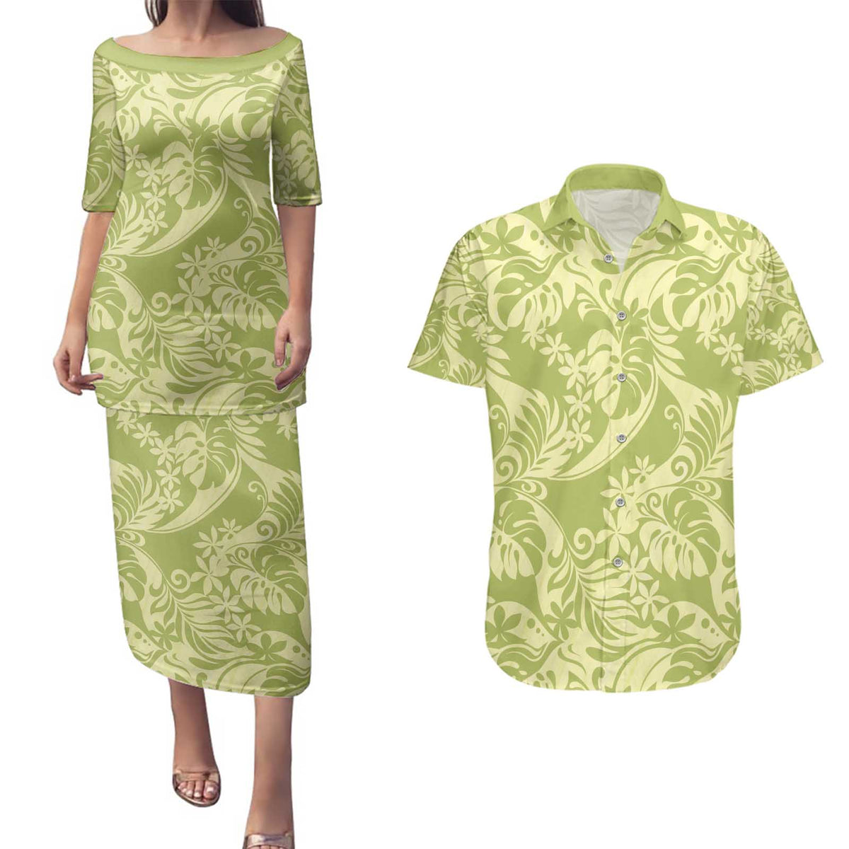 Tahiti Olive Tiare Floral Couples Matching Puletasi and Hawaiian Shirt Monstera Palm Tropical Leaves - Polynesian Pride