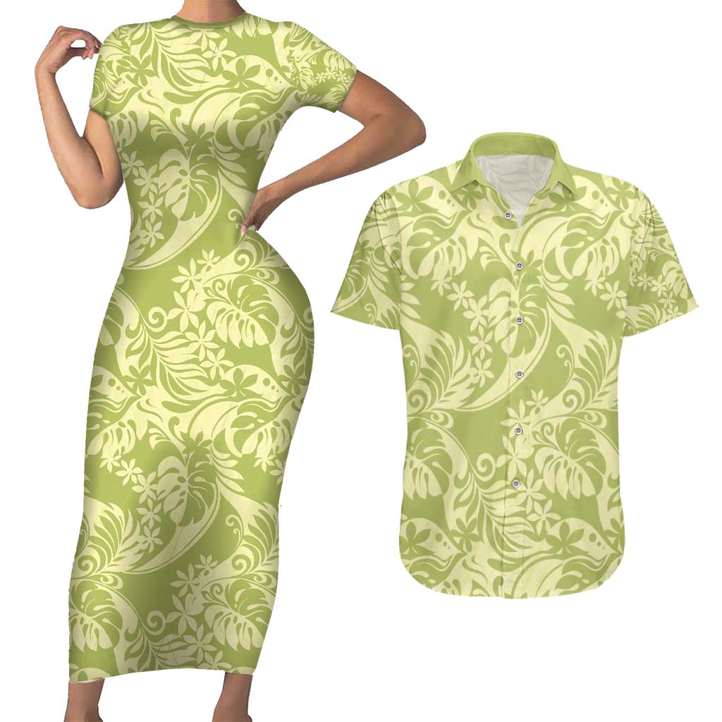 Tahiti Olive Tiare Floral Couples Matching Short Sleeve Bodycon Dress and Hawaiian Shirt Monstera Palm Tropical Leaves - Polynesian Pride