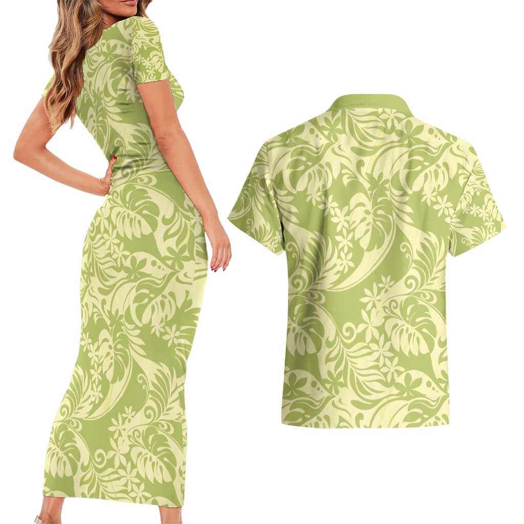 Tahiti Olive Tiare Floral Couples Matching Short Sleeve Bodycon Dress and Hawaiian Shirt Monstera Palm Tropical Leaves - Polynesian Pride