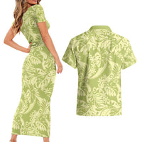 Tahiti Olive Tiare Floral Couples Matching Short Sleeve Bodycon Dress and Hawaiian Shirt Monstera Palm Tropical Leaves - Polynesian Pride
