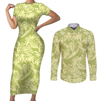 Tahiti Olive Tiare Floral Couples Matching Short Sleeve Bodycon Dress and Long Sleeve Button Shirt Monstera Palm Tropical Leaves - Polynesian Pride