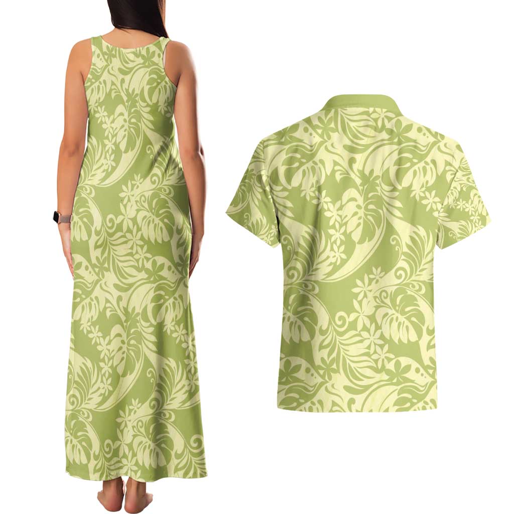 Tahiti Olive Tiare Floral Couples Matching Tank Maxi Dress and Hawaiian Shirt Monstera Palm Tropical Leaves - Polynesian Pride