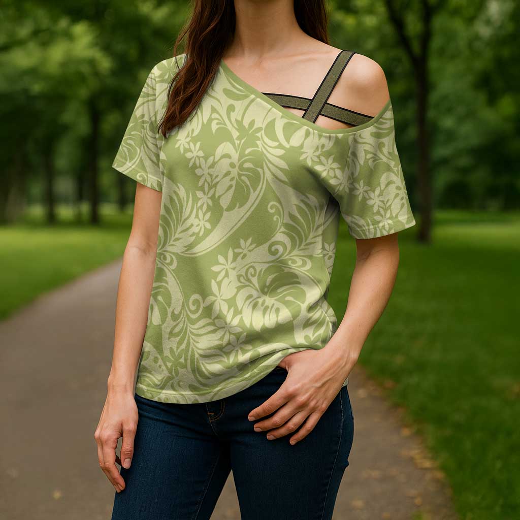 Tahiti Olive Tiare Floral Cross Shoulder Shirt Monstera Palm Tropical Leaves - Polynesian Pride