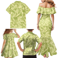 Tahiti Olive Tiare Floral Family Matching Mermaid Dress and Hawaiian Shirt Monstera Palm Tropical Leaves - Polynesian Pride