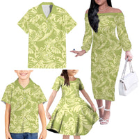 Tahiti Olive Tiare Floral Family Matching Off The Shoulder Long Sleeve Dress and Hawaiian Shirt Monstera Palm Tropical Leaves - Polynesian Pride