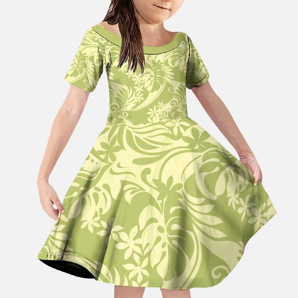 Tahiti Olive Tiare Floral Family Matching Off Shoulder Maxi Dress and Hawaiian Shirt Monstera Palm Tropical Leaves - Polynesian Pride