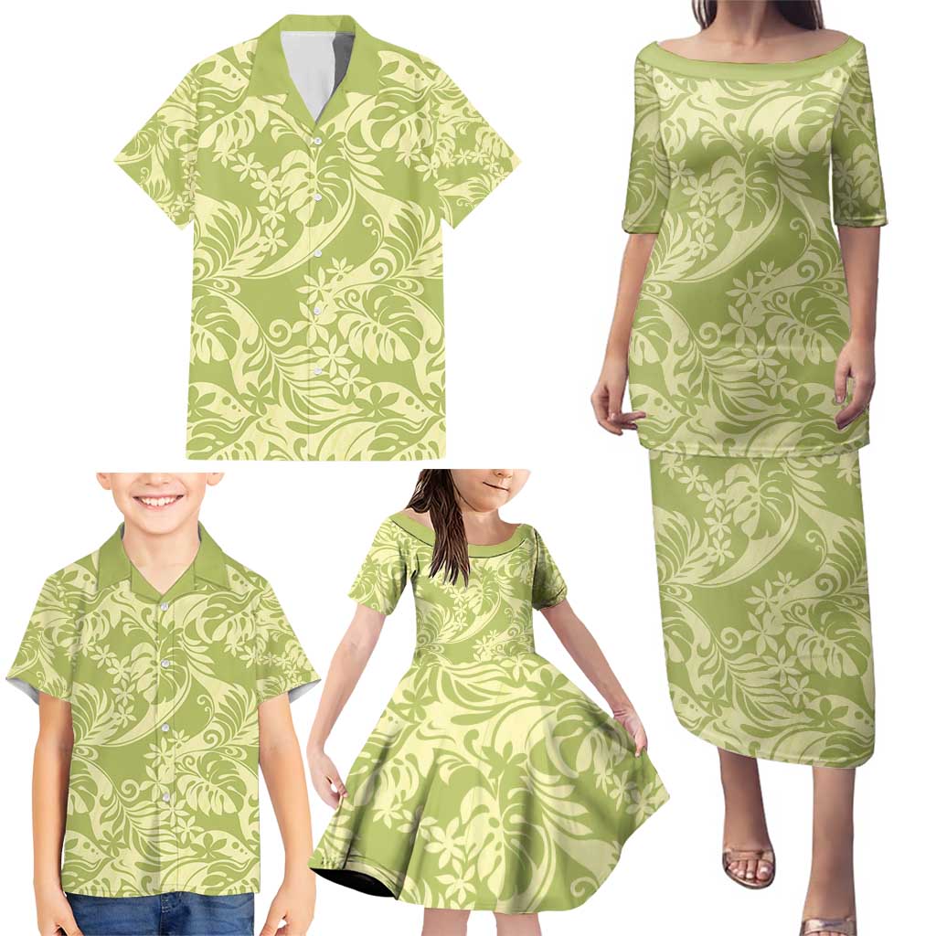 Tahiti Olive Tiare Floral Family Matching Puletasi and Hawaiian Shirt Monstera Palm Tropical Leaves - Polynesian Pride