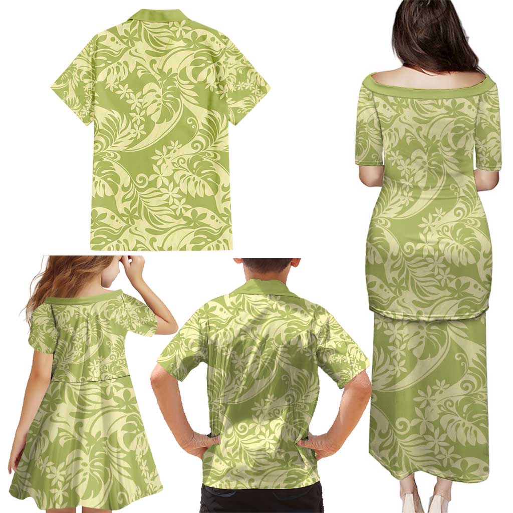 Tahiti Olive Tiare Floral Family Matching Puletasi and Hawaiian Shirt Monstera Palm Tropical Leaves - Polynesian Pride