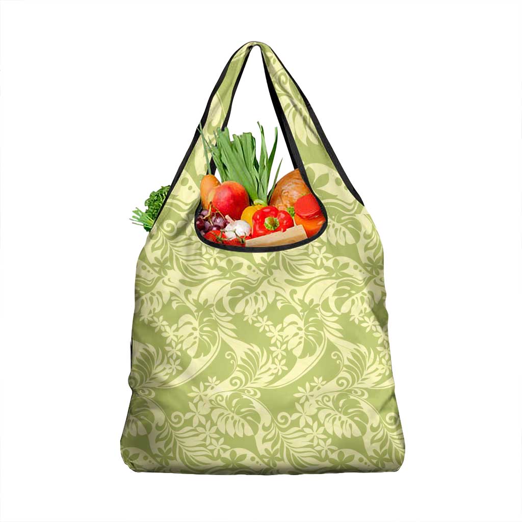 Tahiti Olive Tiare Floral Grocery Bag Monstera Palm Tropical Leaves - Polynesian Pride