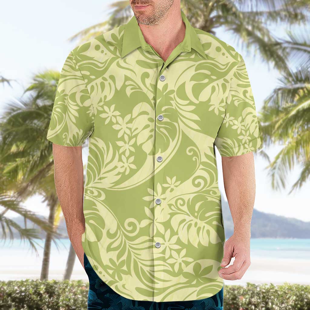 Tahiti Olive Tiare Floral Hawaiian Shirt Monstera Palm Tropical Leaves - Polynesian Pride