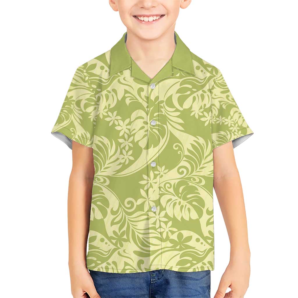 Tahiti Olive Tiare Floral Kid Hawaiian Shirt Monstera Palm Tropical Leaves - Polynesian Pride