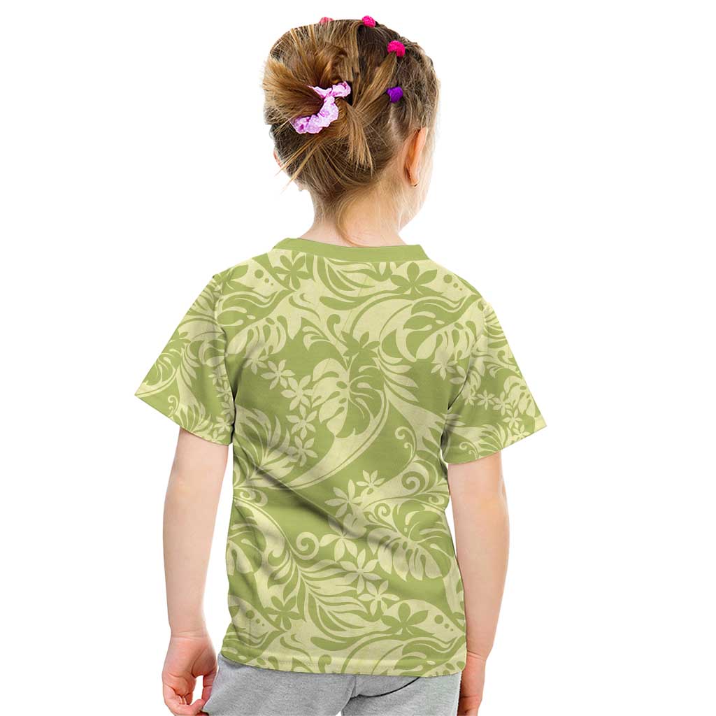 Tahiti Olive Tiare Floral Kid T Shirt Monstera Palm Tropical Leaves - Polynesian Pride