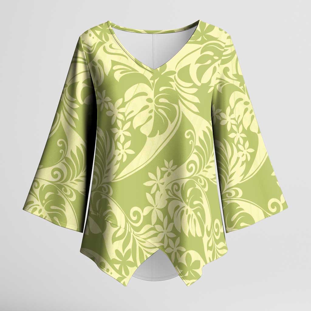 Tahiti Olive Tiare Floral Kimono Sleeve Blouse Monstera Palm Tropical Leaves - Polynesian Pride
