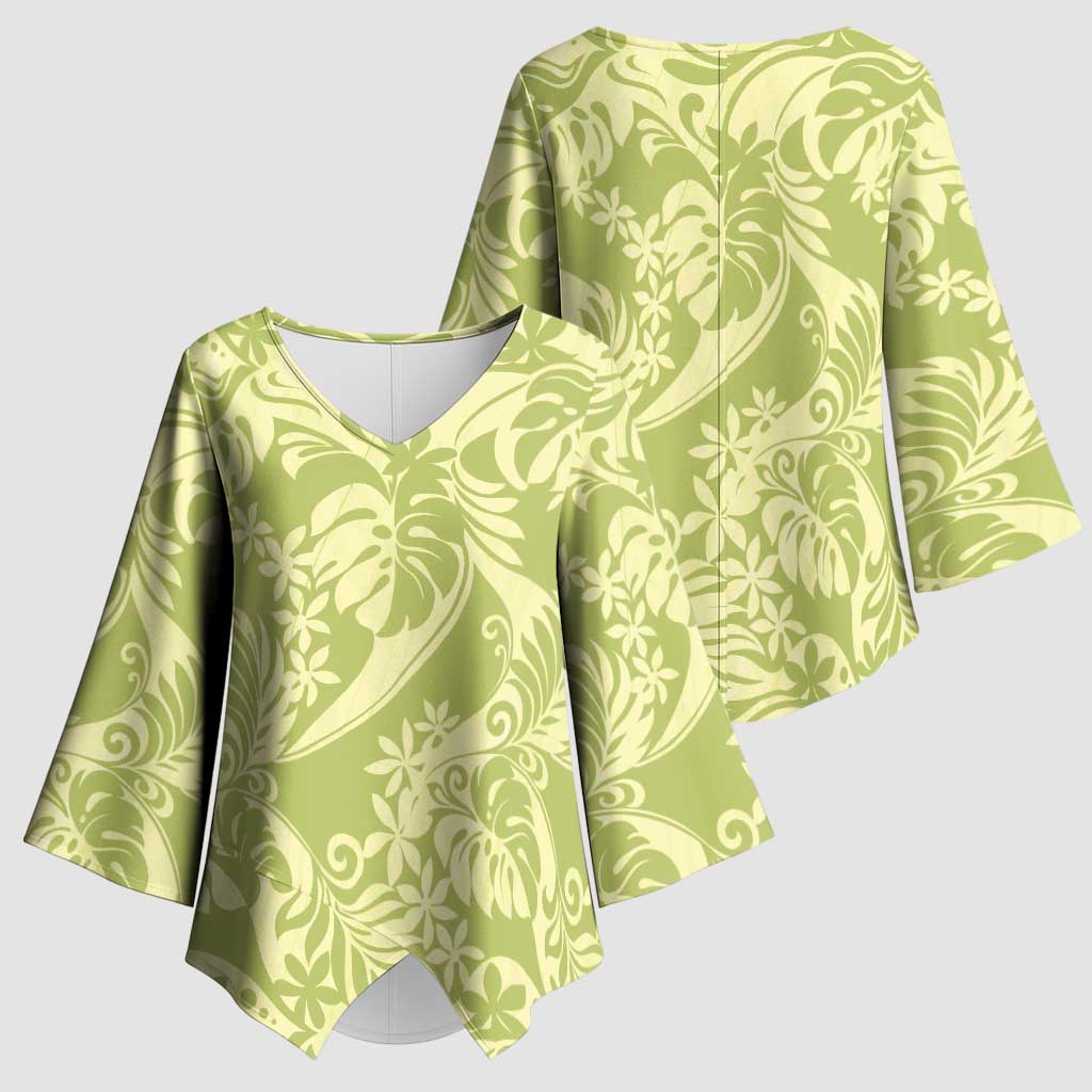Tahiti Olive Tiare Floral Kimono Sleeve Blouse Monstera Palm Tropical Leaves - Polynesian Pride