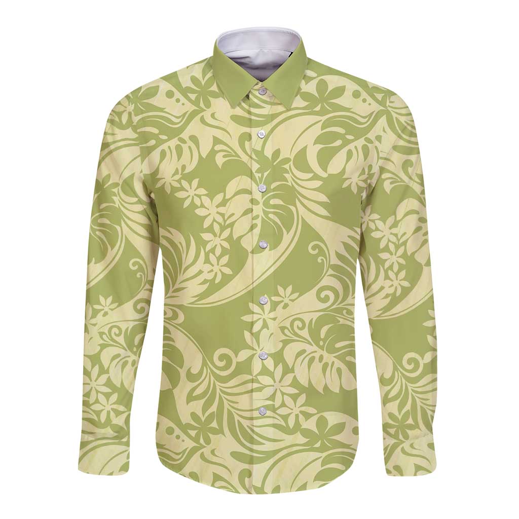 Tahiti Olive Tiare Floral Long Sleeve Button Shirt Monstera Palm Tropical Leaves - Polynesian Pride