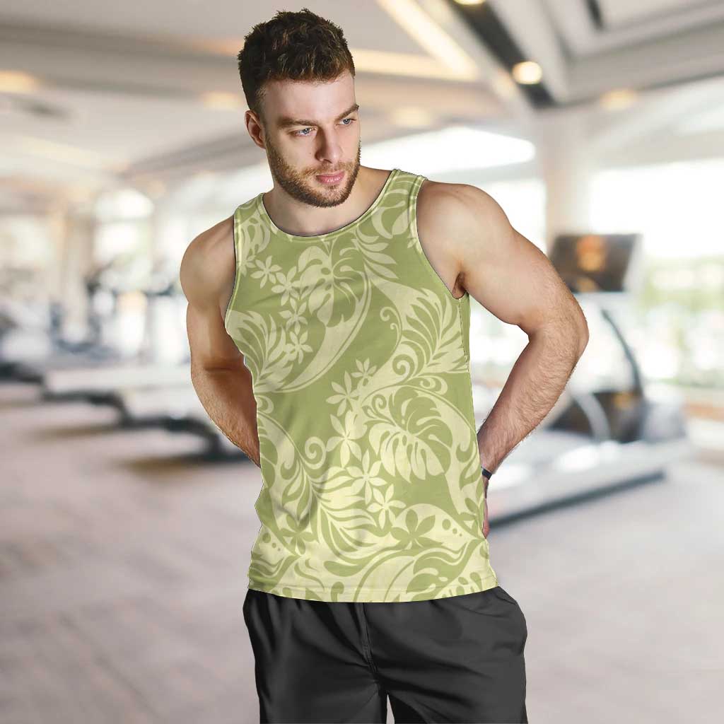 Tahiti Olive Tiare Floral Men Tank Top Monstera Palm Tropical Leaves - Polynesian Pride