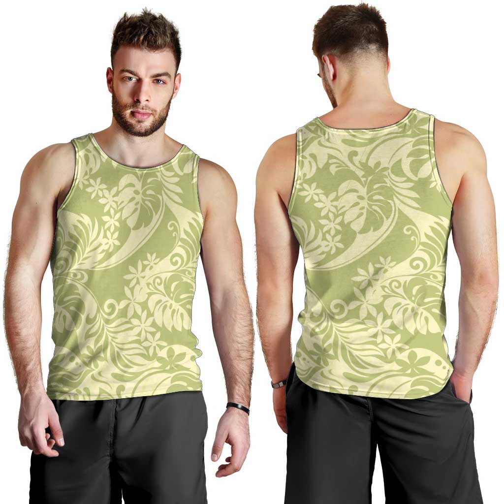 Tahiti Olive Tiare Floral Men Tank Top Monstera Palm Tropical Leaves - Polynesian Pride