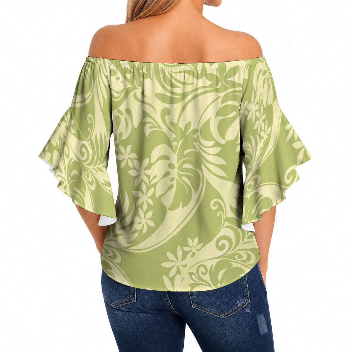 Tahiti Olive Tiare Floral Off Shoulder Wrap Waist Top Monstera Palm Tropical Leaves LT01 - Polynesian Pride