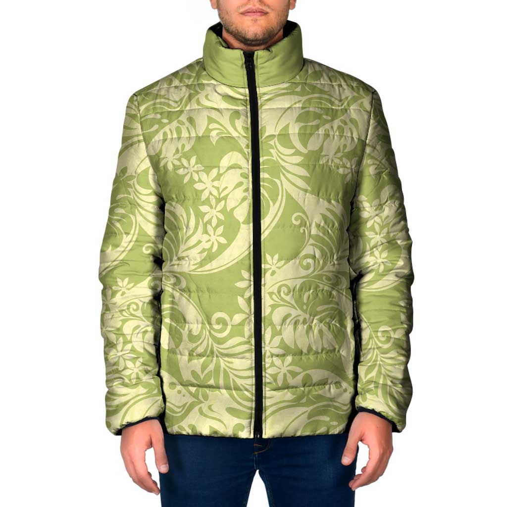 Tahiti Olive Tiare Floral Padded Jacket Monstera Palm Tropical Leaves - Polynesian Pride