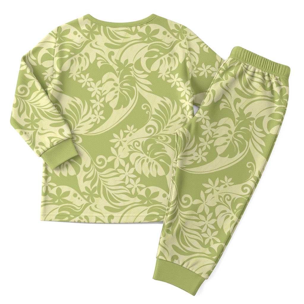 Tahiti Olive Tiare Floral Christmas Pajama Set Monstera Palm Tropical Leaves - Polynesian Pride