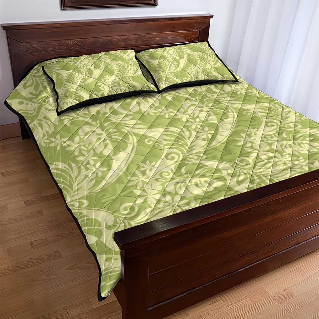 Tahiti Olive Tiare Floral Quilt Bed Set Monstera Palm Tropical Leaves - Polynesian Pride