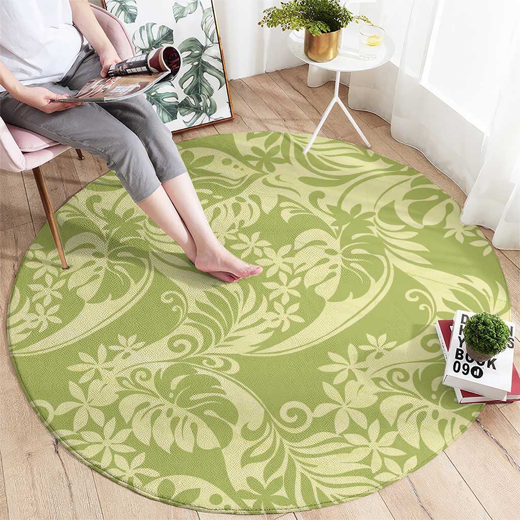 Tahiti Olive Tiare Floral Round Carpet Monstera Palm Tropical Leaves - Polynesian Pride