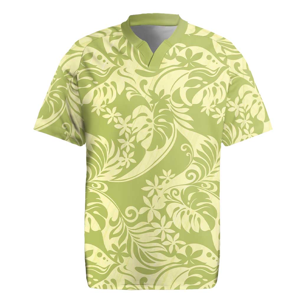 Tahiti Olive Tiare Floral Rugby Jersey Monstera Palm Tropical Leaves - Polynesian Pride
