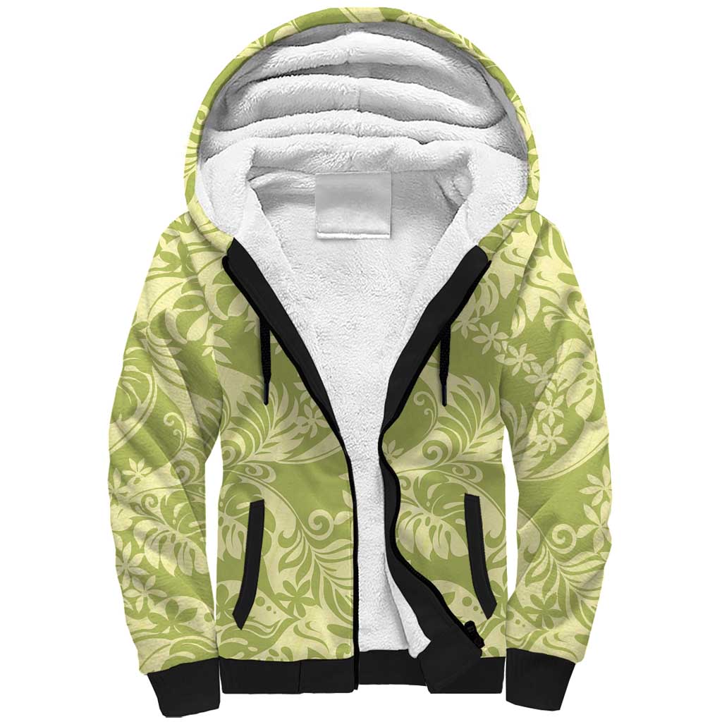 Tahiti Olive Tiare Floral Sherpa Hoodie Monstera Palm Tropical Leaves - Polynesian Pride