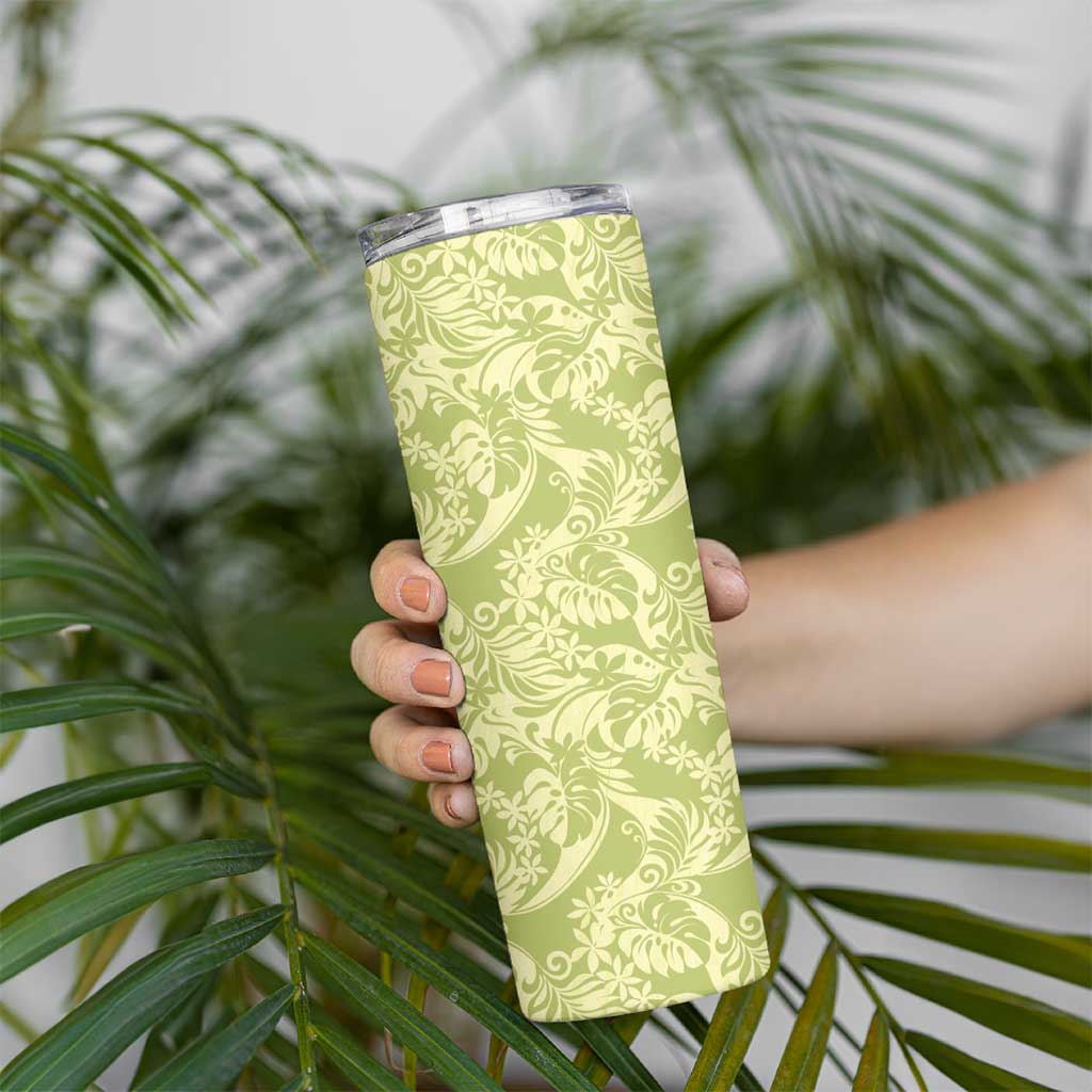 Tahiti Olive Tiare Floral Skinny Tumbler Monstera Palm Tropical Leaves - Polynesian Pride