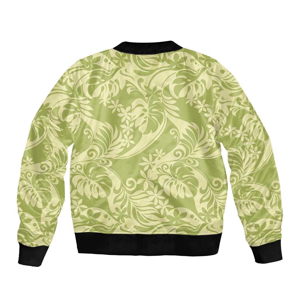 Tahiti Olive Tiare Floral Sleeve Zip Bomber Jacket Monstera Palm Tropical Leaves - Polynesian Pride