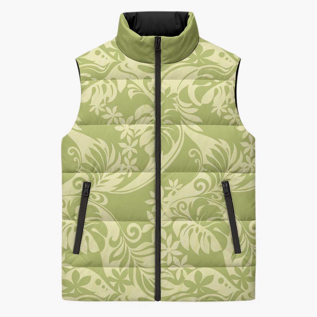 Tahiti Olive Tiare Floral Sleeveless Puffer Jacket Monstera Palm Tropical Leaves - Polynesian Pride