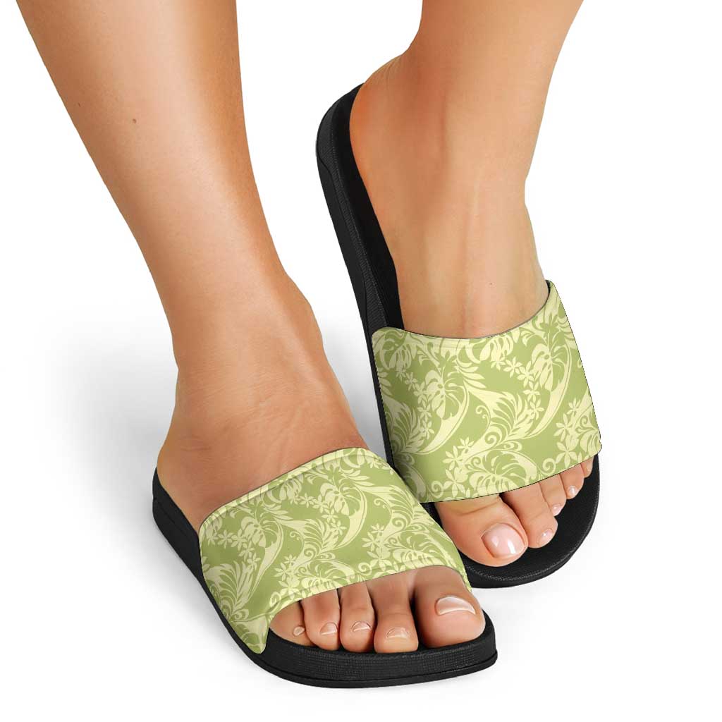 Tahiti Olive Tiare Floral Slide Sandals Monstera Palm Tropical Leaves LT01 - Polynesian Pride