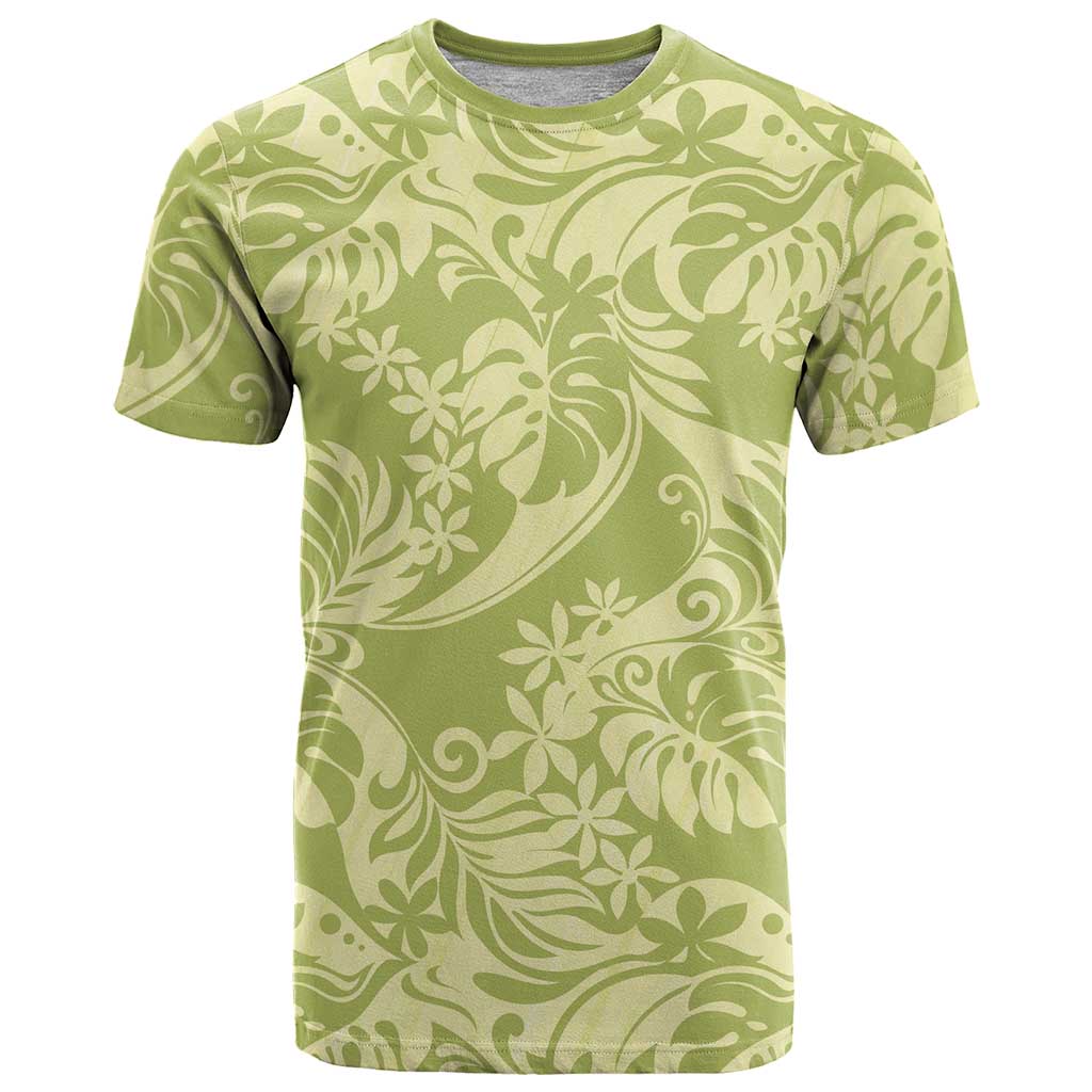 Tahiti Olive Tiare Floral T Shirt Monstera Palm Tropical Leaves - Polynesian Pride