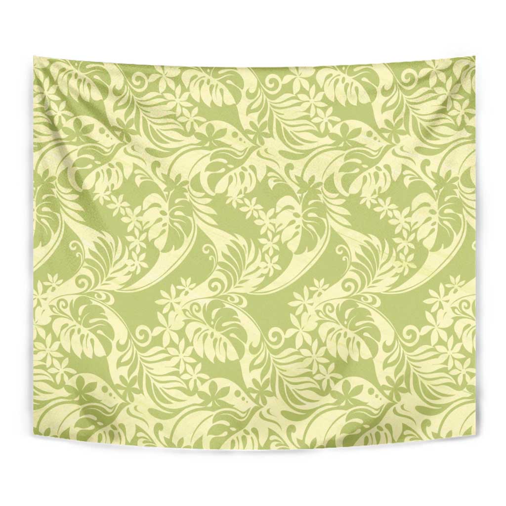 Tahiti Olive Tiare Floral Tapestry Monstera Palm Tropical Leaves - Polynesian Pride