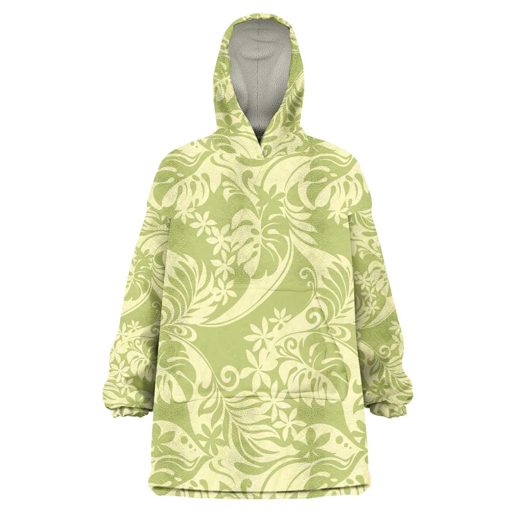 Tahiti Olive Tiare Floral Wearable Blanket Hoodie Monstera Palm Tropical Leaves - Polynesian Pride