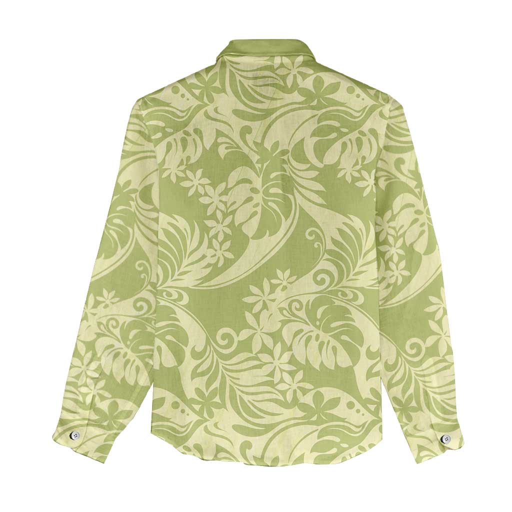 Tahiti Olive Tiare Floral Women Casual Shirt Monstera Palm Tropical Leaves - Polynesian Pride
