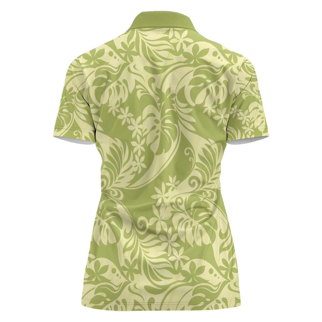 Tahiti Olive Tiare Floral Women Polo Shirt Monstera Palm Tropical Leaves - Polynesian Pride