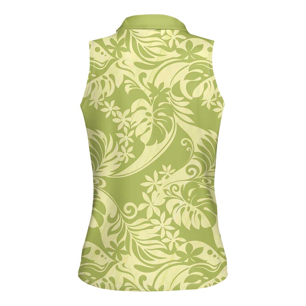 Tahiti Olive Tiare Floral Women Sleeveless Polo Shirt Monstera Palm Tropical Leaves - Polynesian Pride