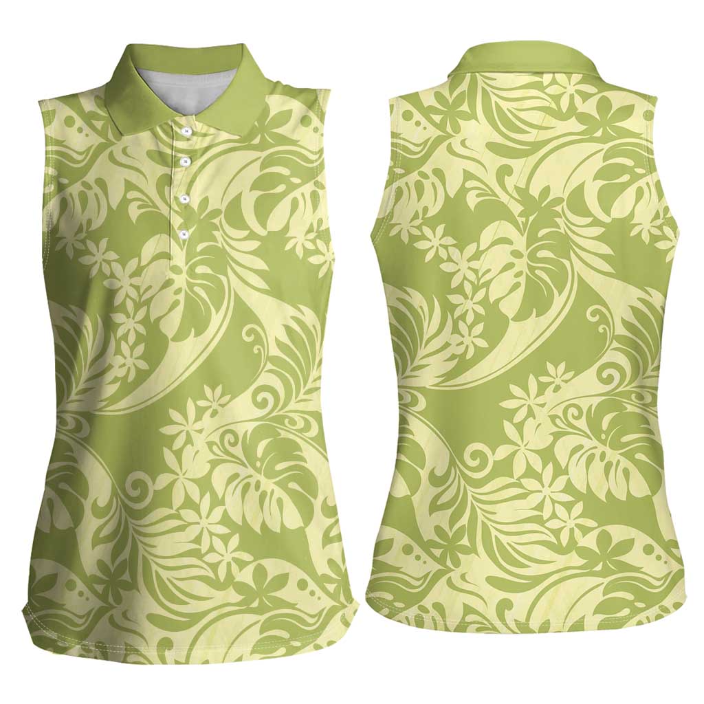 Tahiti Olive Tiare Floral Women Sleeveless Polo Shirt Monstera Palm Tropical Leaves - Polynesian Pride
