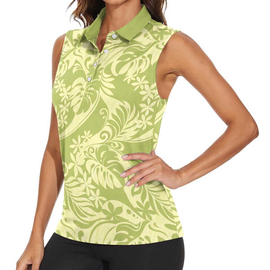 Tahiti Olive Tiare Floral Women Sleeveless Polo Shirt Monstera Palm Tropical Leaves - Polynesian Pride