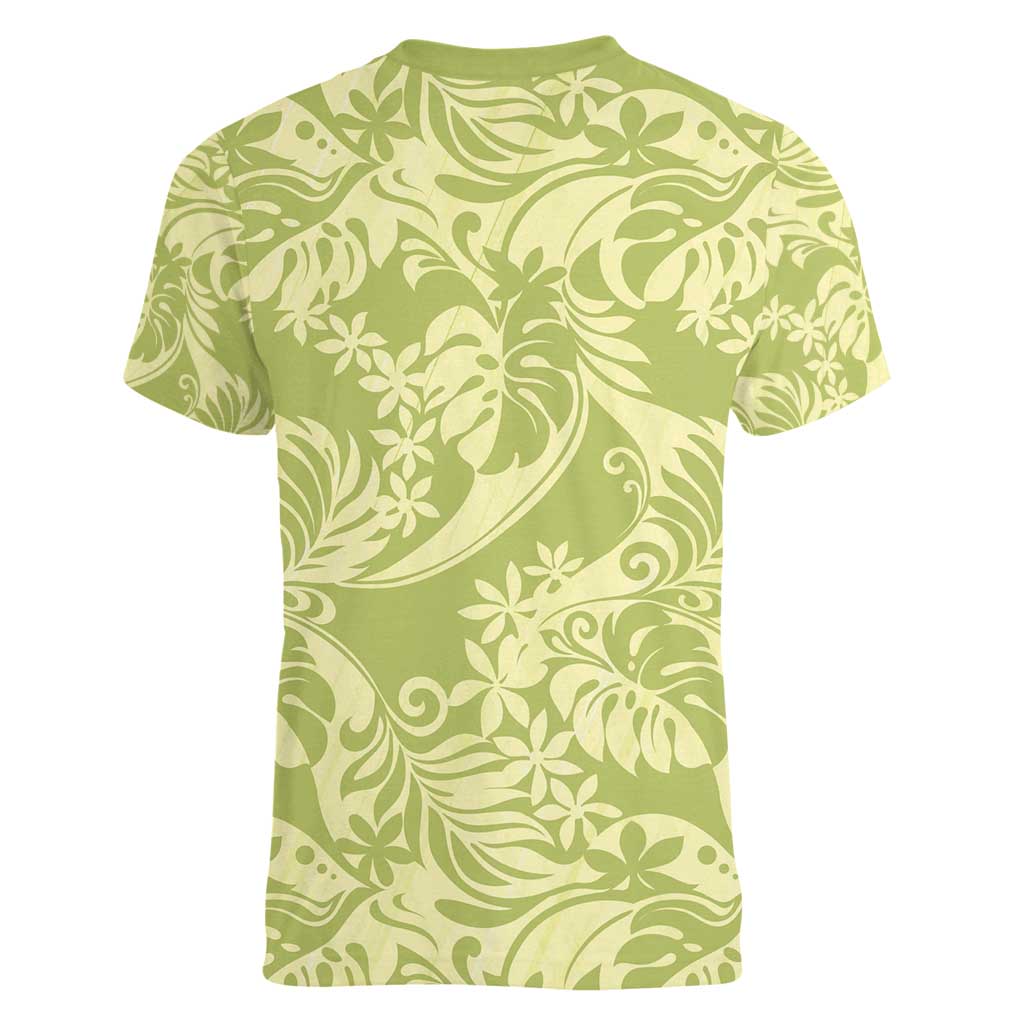 Tahiti Olive Tiare Floral Women V-Neck T-Shirt Monstera Palm Tropical Leaves - Polynesian Pride