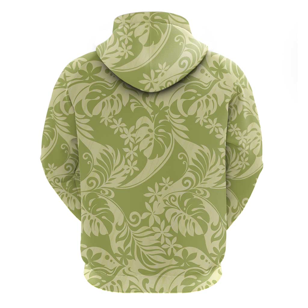 Tahiti Olive Tiare Floral Zip Hoodie Monstera Palm Tropical Leaves - Polynesian Pride