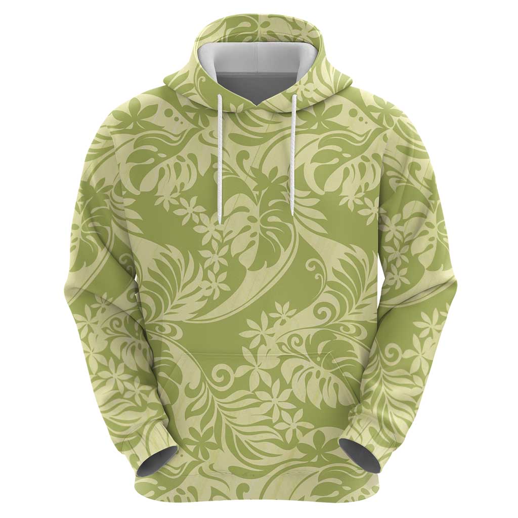 Tahiti Olive Tiare Floral Zip Hoodie Monstera Palm Tropical Leaves - Polynesian Pride
