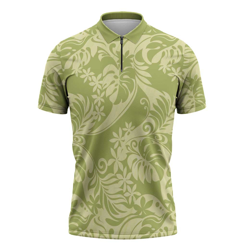 Tahiti Olive Tiare Floral Zipper Polo Shirt Monstera Palm Tropical Leaves - Polynesian Pride