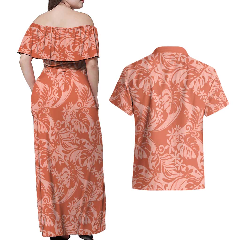 Tahiti Puatou Tiare Floral Couples Matching Off Shoulder Maxi Dress and Hawaiian Shirt Monstera Palm Tropical Leaves - Polynesian Pride