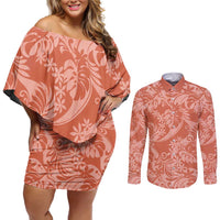 Tahiti Puatou Tiare Floral Couples Matching Off Shoulder Short Dress and Long Sleeve Button Shirt Monstera Palm Tropical Leaves - Polynesian Pride