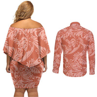 Tahiti Puatou Tiare Floral Couples Matching Off Shoulder Short Dress and Long Sleeve Button Shirt Monstera Palm Tropical Leaves - Polynesian Pride