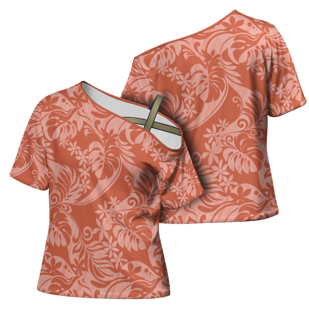 Tahiti Puatou Tiare Floral Cross Shoulder Shirt Monstera Palm Tropical Leaves - Polynesian Pride