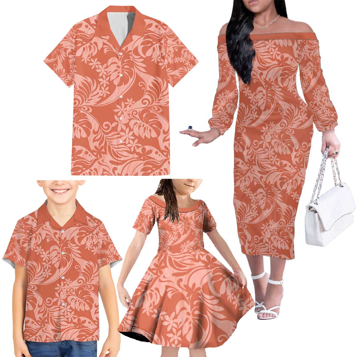 Tahiti Puatou Tiare Floral Family Matching Off The Shoulder Long Sleeve Dress and Hawaiian Shirt Monstera Palm Tropical Leaves - Polynesian Pride